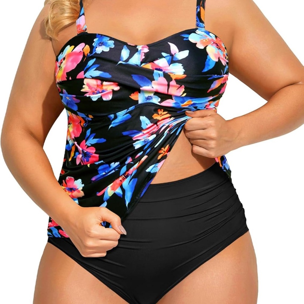 Aqua Eve Women Two Piece Plus Size Tankini Strapless Swimsuit High Waist Bottom